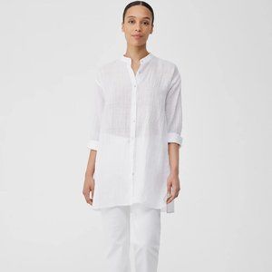 NWT Eileen Fisher White Organic Cotton/Linen Mandarin Collar Boxy Shirt
